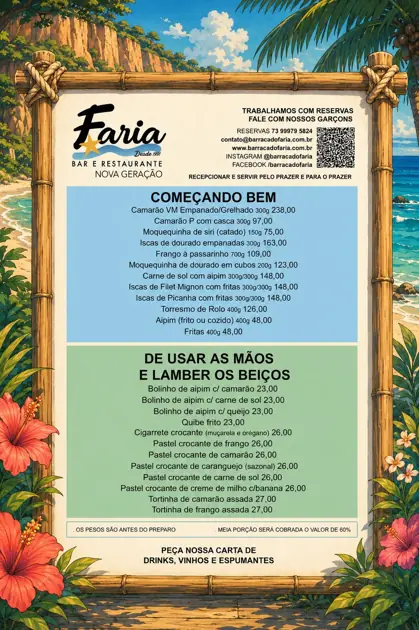 Cardápio de comidas, página 1: Começando bem e De usar as mãos e lamber os beiços (porções, pastéis, bolinhos e tortinhas)