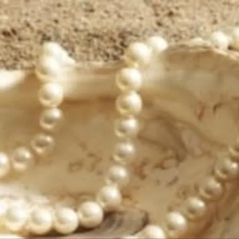 Colar de pérolas sobre uma concha na areia, abertura da série Bodas de Pérola